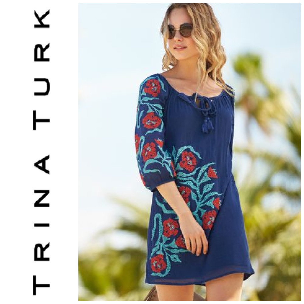 NEW Trina Turk Sz 10 Revelry Floral Embroidered Blue Gauze Mini Swim Cover NWOT